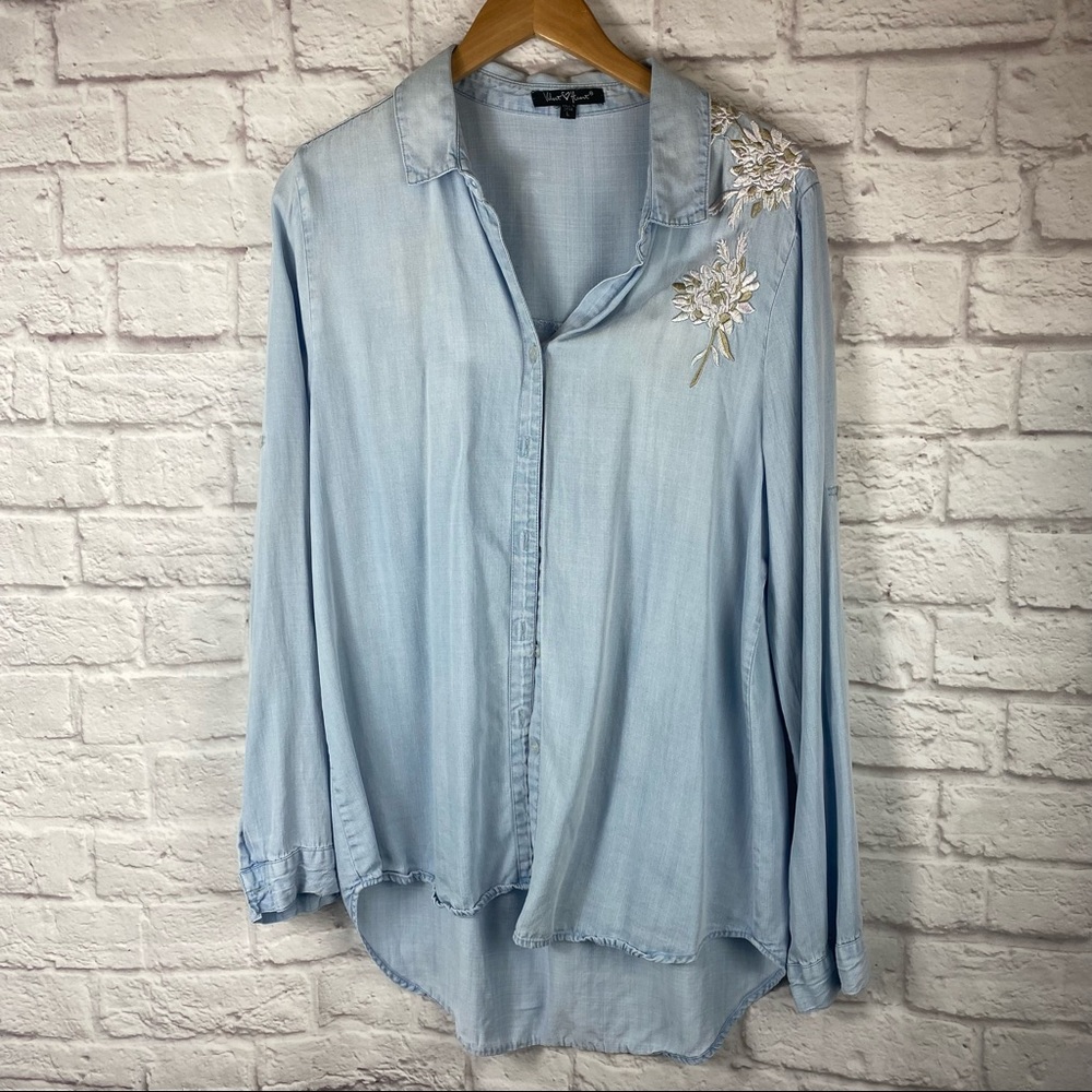 Velvet Heart embroidered chambray denim shirt s L